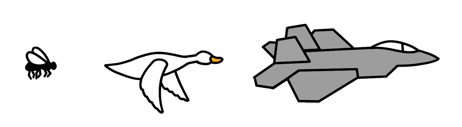 Illustration einer Fliege, einer Gans und eines Jets – Symbolbild für verschiedene Geschwindigkeiten