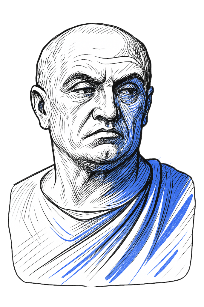 Illustration von Seneca, römischer Philosoph der Stoa, schwarz-weiß Zeichnung mit blauem Akzent – Marketing Management Frameworks